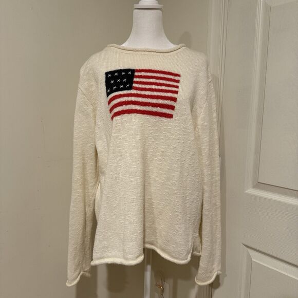 Denim & Co. Sweaters - Denim & Co Sz L Ivory USA Star Antique Flag Art-to-Wear Sweater